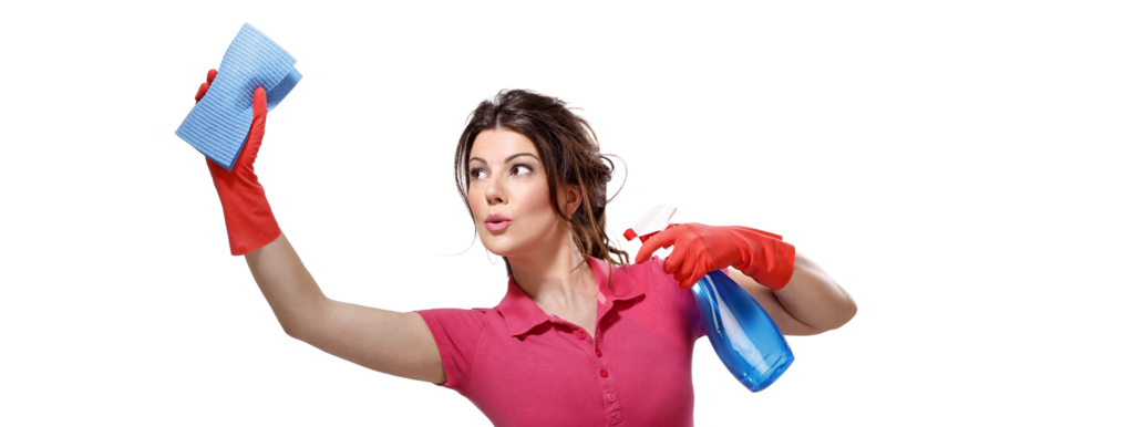 Professionelle Gebäudereinigung durch eine Reinigungskraft mit Tuch und Sprühflasche