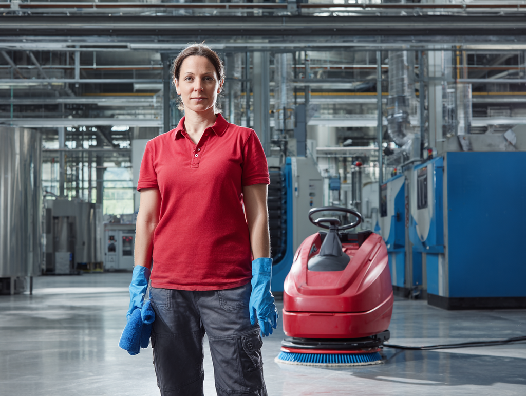 Industriereinigung in Produktionshalle mit Reinigungsmaschine